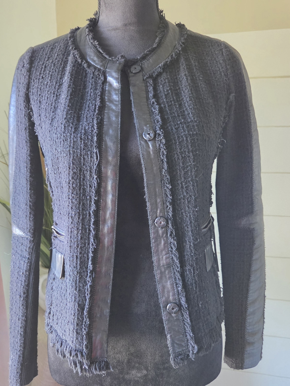 Rebecca Taylor S Black Lambskin Leather Moto Tweed Boucle Jacket Frayed Blazer